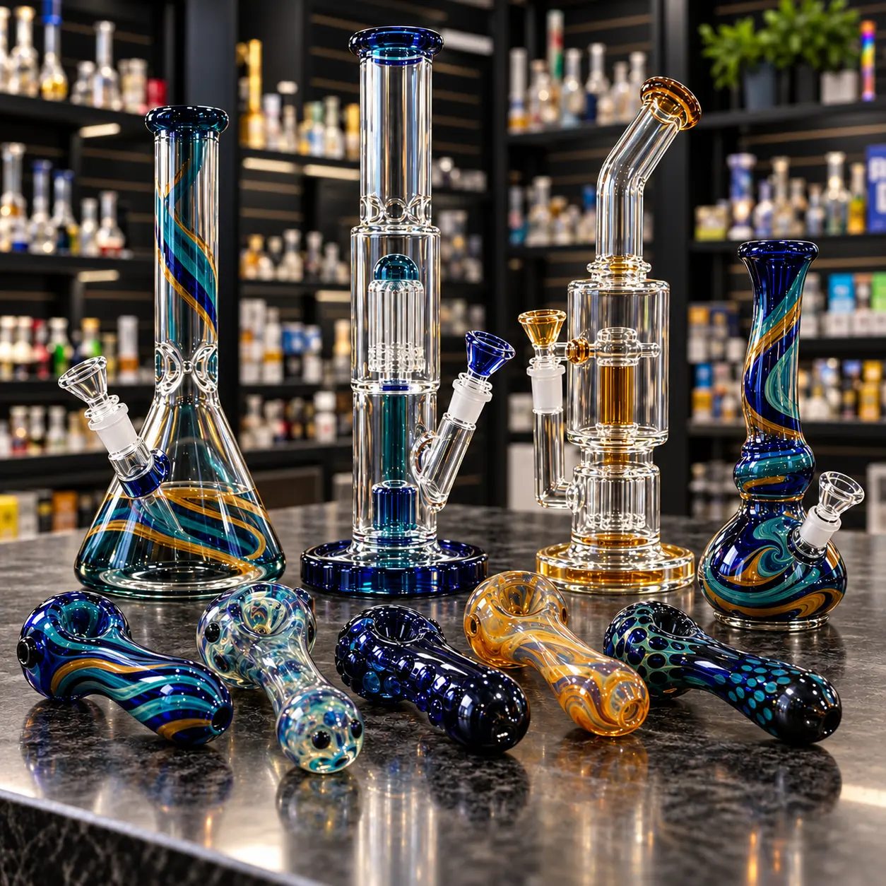 Colorful Glass Pipes on Dark Shelves