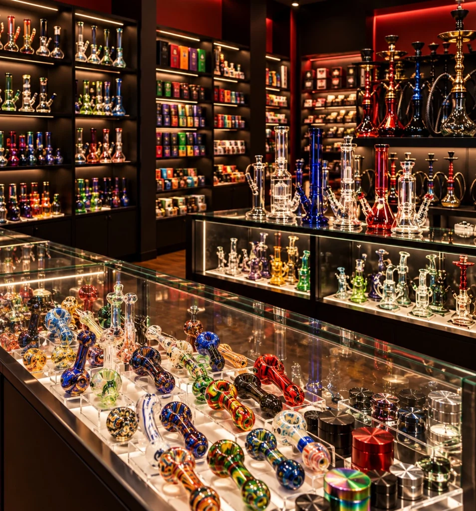 Glass pipes, hookahs, and smoking accessories at Cali Smokes and Vapes, a smoke shop in Los Angeles