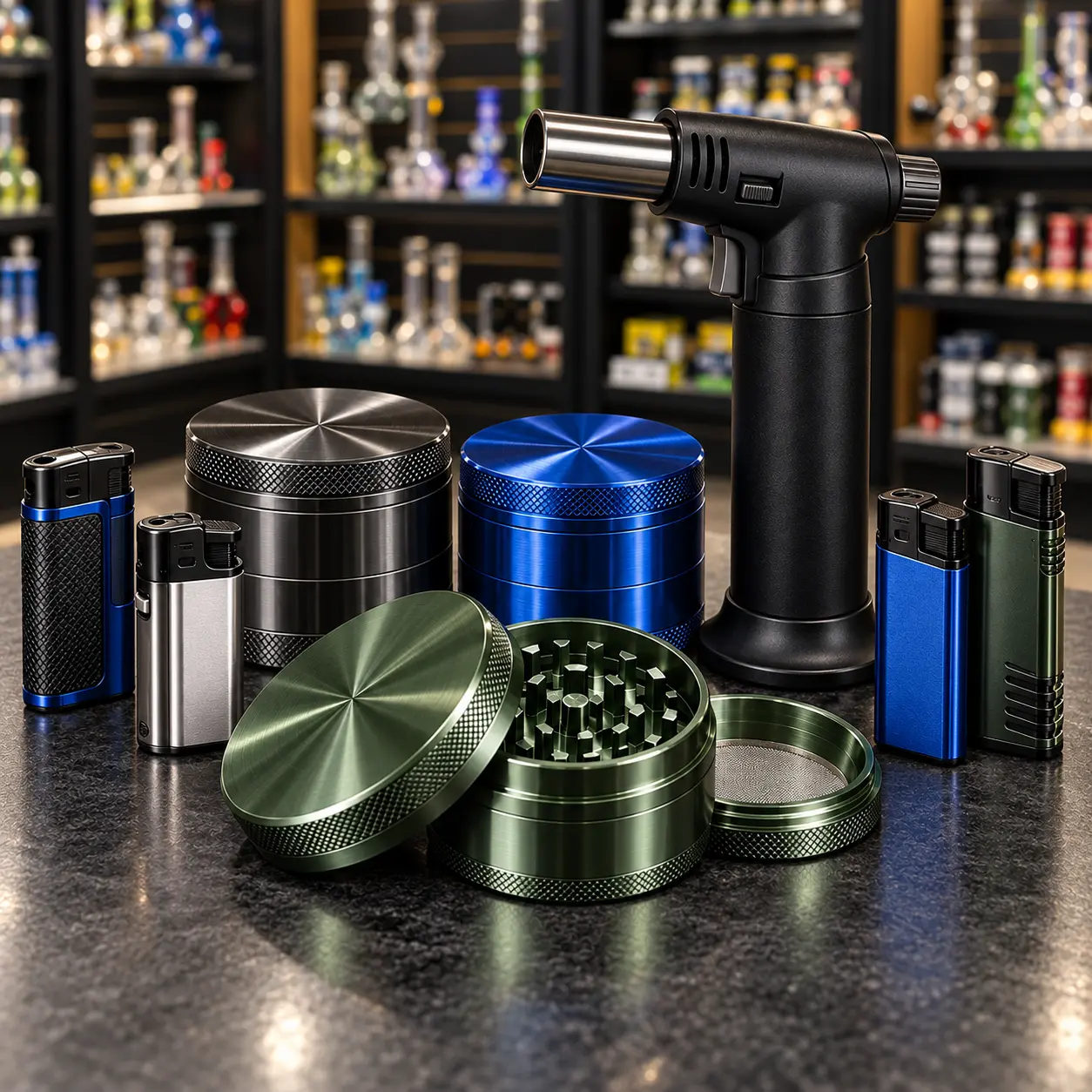 Natural-lit grinder, lighter, and torch display