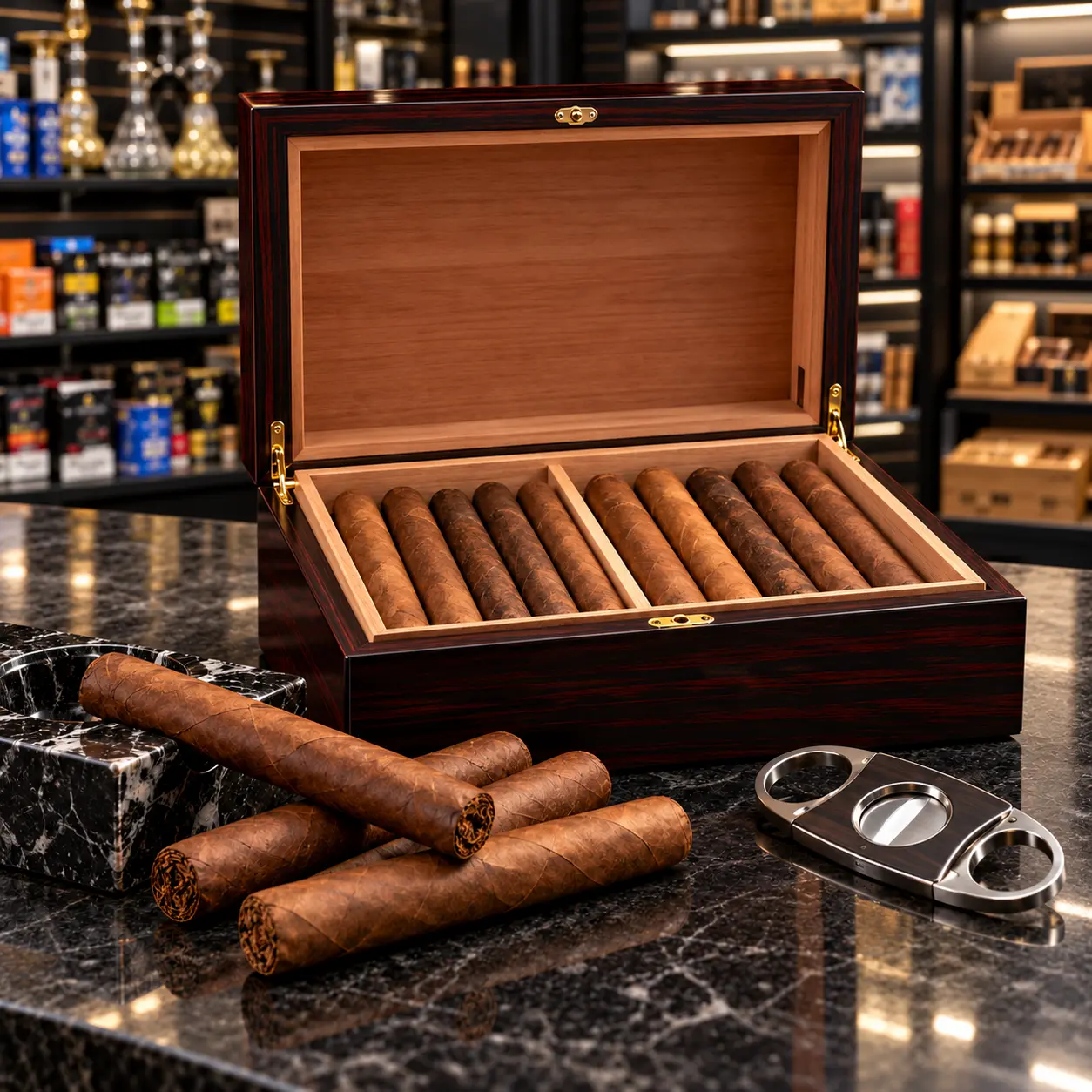 Warm-lit cigar humidor display