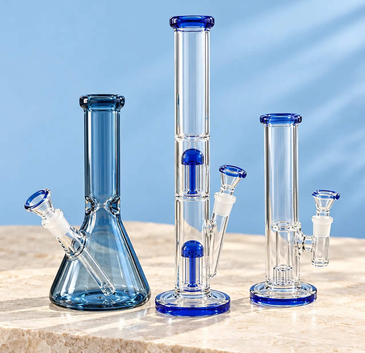 Clear blue-accented glass pipe trio