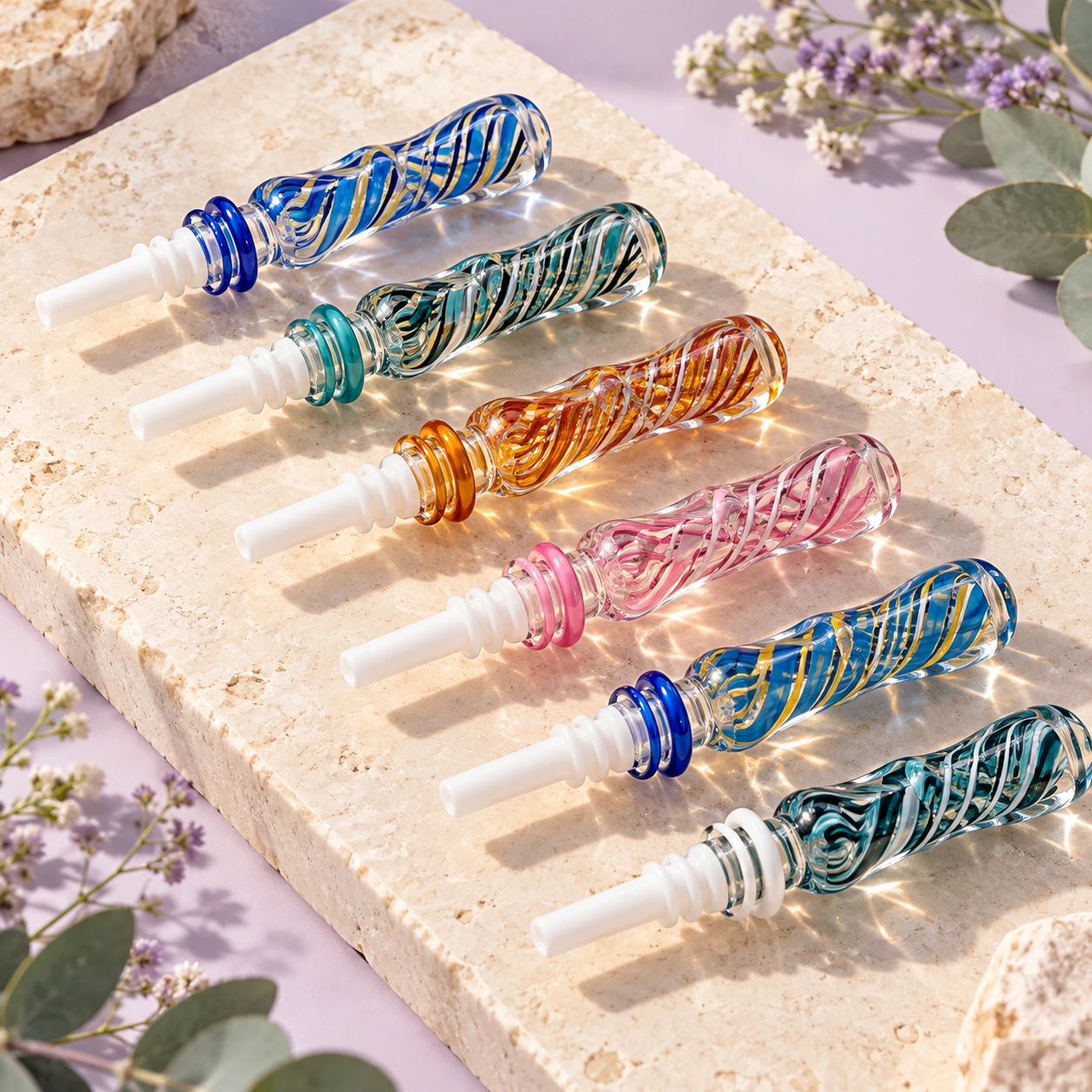 Six colorful spiral glass accessories